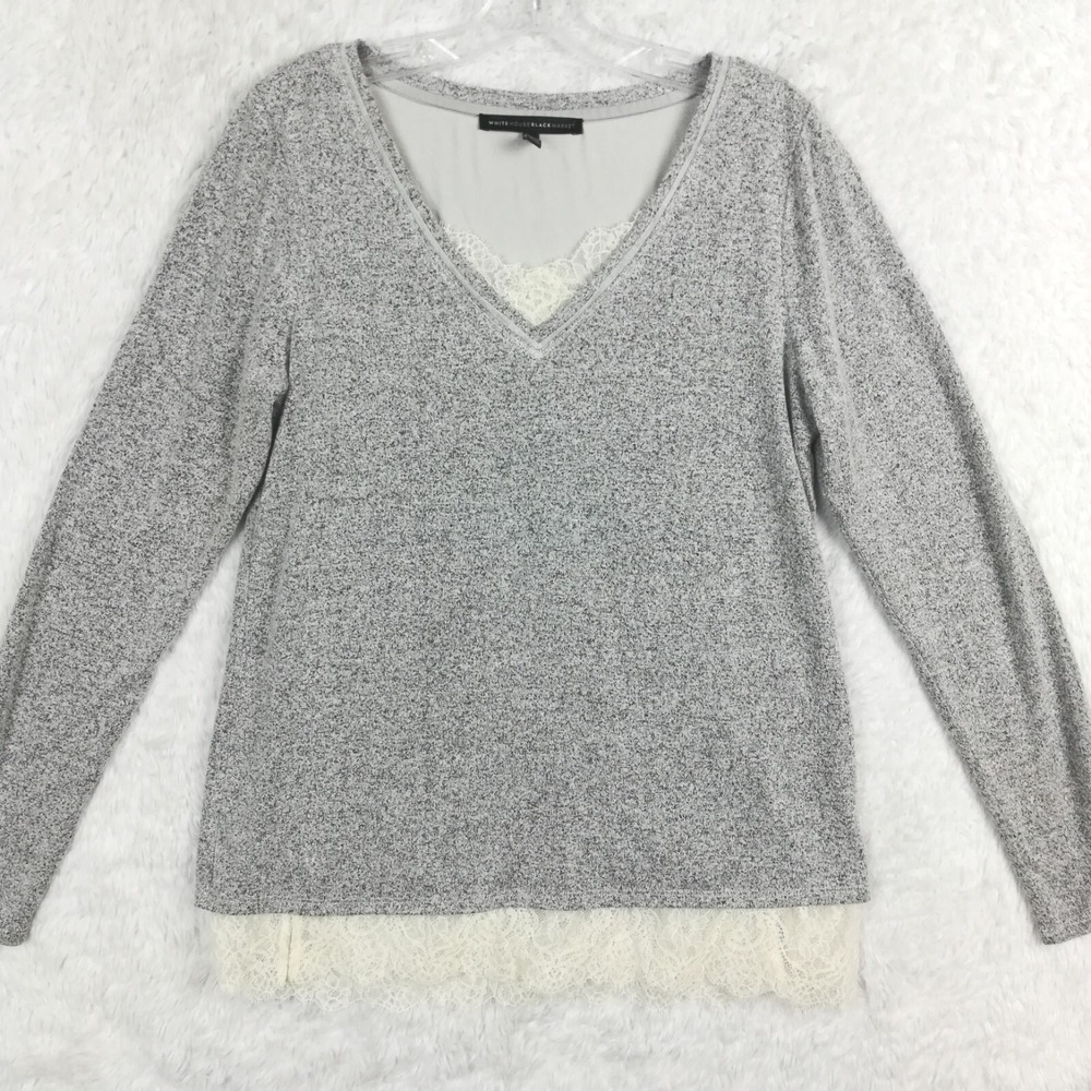 White House Black Market Womens Sweater V Neck Gray Heather Lace Trim Knit M